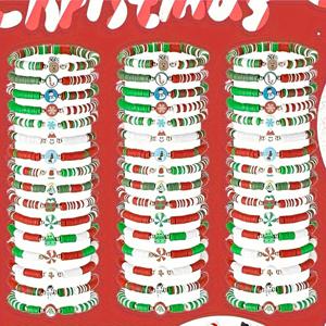 TEMU 32개 대량 레트로 크리스마스 탄성 팔찌 세트 - 조절 가능한 멀티컬러 캔디케인, 눈사람, 순록, 산타, 크리스마스 트리 & 눈송이 참 장식 포함 빨강/초록/흰색 구슬 - 파티 선물, 휴일 선물, 연중 착용