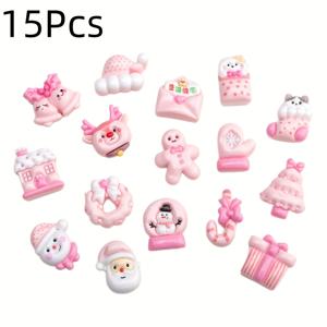 TEMU 15개 핑크 크리스마스 레진 패치 세트 - 귀여운 DIY 액세서리 만들기 키트 (트리, 장식, 종) 포함, 수제 공예, 스크랩북 & 크리스마스 장식용 - DIY 레진 시트