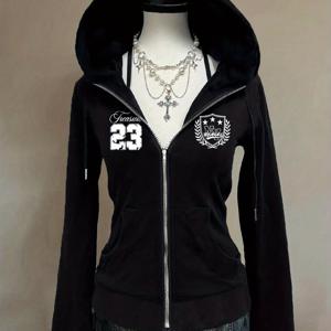 TEMU 여성용 빈티지 Y2K 지퍼업 후드 스웨트셔츠 - 23 넘버 프린트 & A 패턴, 두꺼운 겨울 스웨터, 뮤직 페스티벌, 캐주얼 아웃핏, 지퍼 후드티 (세탁기 사용 가능) - 추운 날씨용 데일리 웨어 스웨터