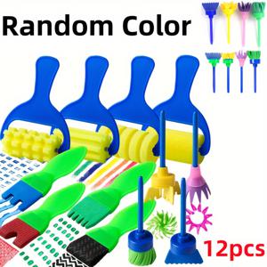TEMU 12pcs 세척 가능한 페인트 브러쉬 세트 (폼 롤러 및 스펀지 어플리케이터 포함) - 내구성 있는 블루 핸들로 쉬운 미술 및 공예 프로젝트, 스텐실 및 청소 도구 포함, 스텐실 적용 키트,파란색 손잡이 디자인,쉬운 청소 소재,재사용 가능한 미술 도구,초보