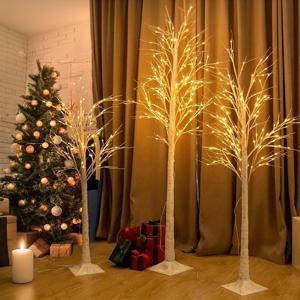 TEMU 3개 세트 LED 조명 화이트 자작나무 트리, 4FT+5FT+6FT 프리릿 인조 크리스마스 트리, 따뜻한 화이트 LED 조명, USB 전원 조명 자작나무 트리, 홈 웨딩 파티 사계절 할로윈 크리스마스 추수감사절 선물 및 장식용