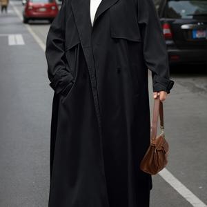 TEMU 플러스 사이즈 더블 브레스트 트렌치 코트 - 베이지, 긴 소매, 스트레치되지 않은 원단, 우아한 라펠 칼라, 조절 가능한 허리 벨트, 봄, 가을, 겨울에 이상적, 세련된 스트리트웨어 | 클래식 트렌치 코트 | 더블 브레스트 코트