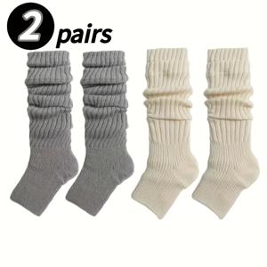 TEMU 여성용 겨울 따뜻한 레그 워머 2켤레 - 리브 커프스 & 오픈 토 디자인의 보온 OTK 삭스, 베이지/브라운 톤, 부츠/신발용 우아한 트레드 패턴, 손세탁 가능, 단색, 편안하고 스타일리시한 가을/