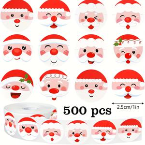 TEMU 귀여운 산타 표정이 특징인 스티커 500개 롤, 1인치 원형, 10가지 다양한 디자인. 선물, 카드, 결혼식, 파티, 선물, 봉투 및 카드 장식을 위한 만화 빨간색 산타 . PVC 접착 스티커로 제작되었습니다.