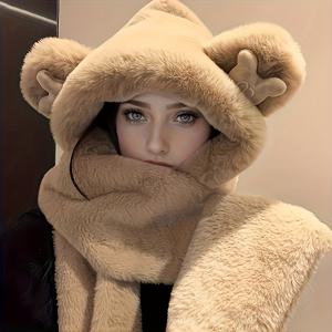 TEMU 여성용 3피스 겨울 베어 플러시 모자, 스카프 & 장갑 세트 - 인조 토끼 털 같은 부드러움, 방풍 보온 베이지/카키/그레이/핑크 아우터, 추운 날씨에 적합한 탄력적 핏, 손세탁 가능한 포근한 선물