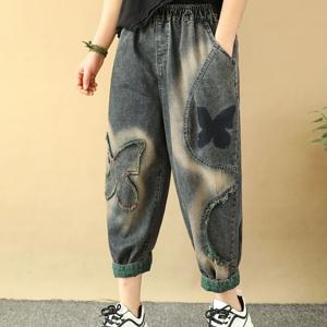 TEMU 여성용 와이드 청바지 입체 나비 자수 무늬 빈티지 데님 팬츠 봄 여름 가을 루즈핏 빅사이즈 하이웨스트 9부 배기 팬츠 와이드 팬츠 데일리 캐주얼 청바지