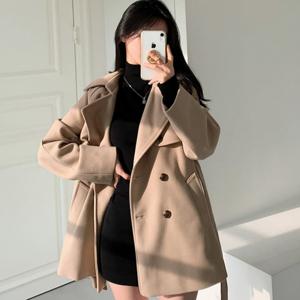 TEMU 한국식 시크 벨트 더블브레스트 프렌치 감성 스타일 코트 재킷 탑