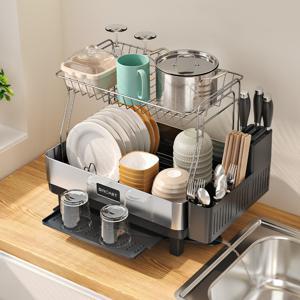TEMU 시노아 고급 스테인리스 2단 주방 식기건조대,다기능 그릇 접시 선반,자동 물빠짐 스텐 식기건조대 주방 싱크대,접시,그릇,컵,조리도구 정리 가능