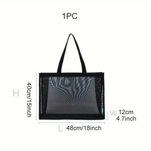 TEMU 대용량 블랙 나일론 토트백 - 메쉬 포켓 내구성 강한 세탁 가능 쇼핑 & 비치백, 수영복 및 화장품 보관용 비치 토트백