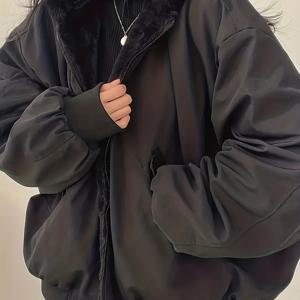 TEMU 여성용 캐주얼 폭스터 자켓, 폴리에스테르 단색 긴 소매 코트, 정규 핏, 지퍼 디테일 포함, 가을과 겨울용 아우터웨어|여성의류