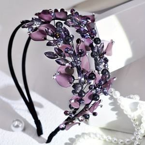 TEMU 우아한 보라색 부드러운 도자기 잎 모양 라인스톤 헤어밴드 여성용, 이중 레이어 패션 액세서리, 다재다능한 머리 장식, 사진 촬영, 데이, A143, 구리 합금, 단일 품목, 프린트, 깃털 없음|머리띠