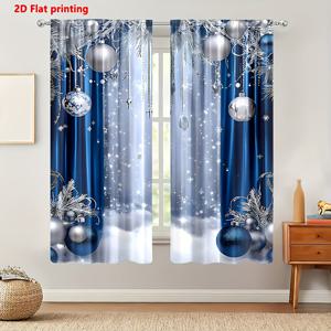 TEMU 2D 플랫, 2개 세트, 2D 플랫 프린트, 겨울 크리스마스 블루 실버리 눈꽃 럭셔리 패턴, 포켓 로드 설치, 디지털 프린트 커튼, 폴리에스터 반투명 얇은 소재, 거실, 주방, 침실, 서재, 호텔, 레스토랑, 홈 데코용, 2D 플랫