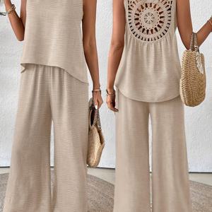 TEMU 우아한 독점 휴가 솔리드 컬러 민소매 탑과 와이드 레그 팬츠, 리조트 의류,여름 여행복, 패션,우아한 스타일,가벼운 원단,신축성 없는 원단,스타일리시한 앙상블,라운지 웨어,여성 의류,여행 필수품