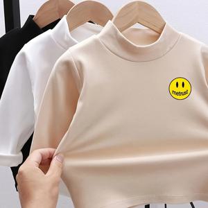 TEMU 3개 세트 소년용 따뜻한 플리스 안감 터틀넥 티셔츠, 즐거운 얼굴 디자인 - 신축성 있고 따뜻한 긴팔 상의, 청소년 및 청소년용