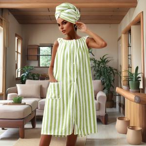 TEMU 포켓이 있는 고급 웨어러블 목욕 타월 스커트 - 빠른 건조, 초흡수, 부드러운 폴리에스테르, 가정 및 여행용 이상적 - 녹색 & 흰색|수건