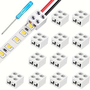 TEMU 스크루드라이버 포함 12개 LED 스트립 커넥터, 2핀 8mm, 2835 및 3528 LED 스트립 호환, 쉬운 솔더리스 설치, 내구성 있는 플라스틱 하우징, 안전한 배선용 블루 스크류드라이버 포함, 솔더리스 연결 | 듀얼핀 커넥터 | 클리어 렌즈 LED
