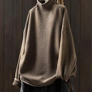 TEMU [일상적인 편안함] 여성용 하이넥 케이블 스웨터 - 캐주얼 시크, 긴 소매, 단색, 봄/가을 패션, 브라운, 40g/m², 기계 세척 가능, 하이넥 스웨트