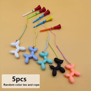 TEMU 귀여운 3D 풍선 개 디자인 인형이 있는 골프 티 세트 5개 + 내구성 있는 고무 헤드 와이드 베이스 티 + 볼 마커 쉽게 찾을 수 있도록 밝은 색상 + 분실 방지 로프 포함 - 이상적인 선물 및 실용적 골프 코스 트레이닝 액세서리