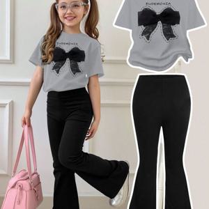 TEMU 여아용 여름 통기성 편안한 패션 캐주얼 세트: 블랙 리본 프린트 라운드넥 반팔 티셔츠 + 플레어 팬츠 투피스 아웃핏, 야외 활동에 완벽
