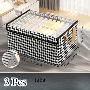 TEMU 3개 세트 하운드투스 패브릭 스토리지 바구니 - 플립 뚜껑 대용량 접이식 옷장 정리함, 공간 절약형 사각 디자인 (옷·장난감·침구 보관), 다목적 홈 & 기숙사 수납 솔루션, 침대 밑 수납