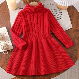 TEMU 여아용 하이넥 니트 크리스마스 스웨터 원피스 | 긴소매, 가을/겨울, 단색, 중간 정도 신축성 있는 원단, 풀오버 스타일|드레스