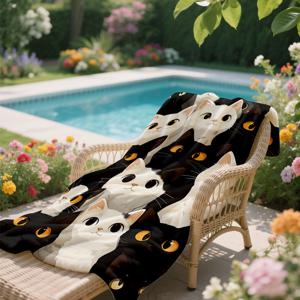 TEMU 1pc 귀여운 검은색과 흰색 고양이 패턴 경량 담요 - 모든 계절에 적합한 부드러운 플란넬 에어컨 담요, 고양이 팬시와 귀여운 디자인을 위한 이상적인 선택, 소파, 침대, 여행, 사무실 사용에 적합, 여행 액세서리 | 편안한 던지기 | 플란넬 담요, 고양이