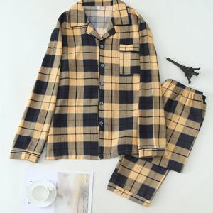 TEMU 남성용 새로운 긴팔, 긴바지 캐주얼 세트, 단순한 디자인으로 큰 노란색 체크 패턴이 특징이며, 가을과 겨울 집에서 입기 적합합니다.|여름잠옷