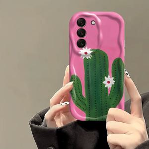 TEMU 선인장 그린 식물 보타닉 핑크 솔리드 화이트 컬리 웨이브 프레임 삼성 갤럭시 S22/S22+/S22 울트라/S23/S23+/S23 FE/S23 울트라/S24/S24 플러스/S24 울트라/A35/A05s/A15/A53/A54/A05/A51/A55/A56/A71/A72/A73/A33/A32/A14 호환 렌즈 보호 폰 케이스