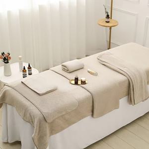 TEMU 5pcs SPA 전용 수건 세트, 미용실 및 휴식점에서 적합한 라이트 베이지 케어, 부드럽고 흡수성, 털이 안 나고, 머리 감싸는 수건 및 침대 시트 세트 (머리띠 + 가슴 수건 + 베개 커버 + 목욕 스커트 + 구멍 침대 시트)