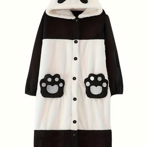 TEMU 남성용 겨울 판다 후드 가운 - 플러시 퍼리 기모노 스타일 파자마 슈트, 곰발 칼라, 따뜻한 방한 잠옷 & 라운지웨어, 세탁기 사용 가능 (화이트/블랙) 홈웨어