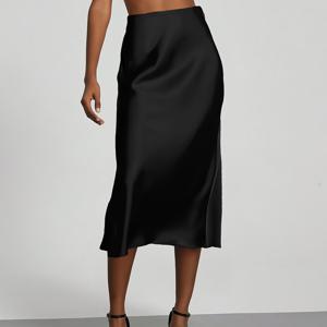 TEMU 여성용 하이웨이스트 새틴 미디 스커트 - 블랙, 흐르는 머메이드 디자인, 사무실이나 저녁 착용에 완벽, 사계절 편안함, 사무실 스커트 | 흐르는 스커트 | 광택 마감