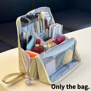 TEMU 대용량 메이크업 백, 베이지 지퍼와 골드톤 하드웨어, 여행 및 비즈니스용 멀티 컴파트먼트 정리함, 넉넉한 화장품 및 문구 보관 파우치, 여행용 화장품 가방 | 우아한 메이크업 파우치 | 내구성 있는 지퍼 클로저, 화장품 여행 가방