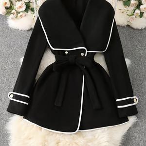 TEMU 여성용 우아한 블랙 & 화이트 대비 재킷 - 버튼 앞면 클로저가 있는 구조 , 사계절용 포멀 & 캐주얼 아우터 (사무실, 파티, 일상복) - 여성용 프로페셔널 코트, 파티 복장, 세련된 테일러링, 오피스 웨어