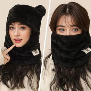 TEMU 여성용 겨울 곰 후드 마스크 & 모자 - 부드러운 갈색 퍼 텍스처, 방풍 및 방한 기능, 얼굴 개방형 탄력, 스키, 스노보드, 일상 추위 대비를 위한 포근한 겨울 코스튬 액세서리 - 귀여운 곰 귀 & 편안한 핏, 곰 모자