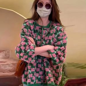 TEMU 가을 겨울 여성 빈티지 플로럴 자수 패션 라운드넥 가디건 스웨터 - 데이트, 파티, 오피스, 캐주얼 다용도 스타일