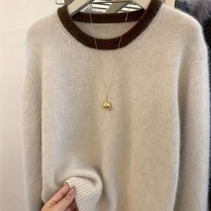 TEMU 여성용 포근한 스웨터 - 소프트 풀오버 스웨터, 브라운 트림, 긴소매 라운드넥 스웨터 (가을/겨울), 데일리 & 포멀룩 - 여성용 간편 관리 스웨터, 스웨터, 겨울 의류, 중간 탄성 원단, 가을 패션, 클래식 디자인