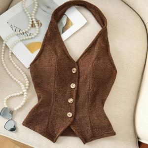 TEMU 여성용 홀터넥 민소매 버튼프론트 탑, 뒷지퍼 & 허리끈 - 슬림핏 스트레치 브라운셔츠, 세탁기 사용 가능 사계절 캐주얼부터 반정장까지 착용 가능한 민소매 하이넥 캐주얼 피트 상의