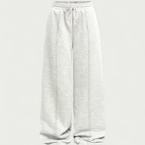 TEMU 여성 캐주얼 와이드 레그 팬츠 (탄성 드로스트링 허리) - 포근한 기모 안감, 사계절용 바지, 단색, 편안하고 스타일리시한 캐주얼 복장, 편안한 의류 | 편안한 핏 팬츠 | 탄성 허리 밴드