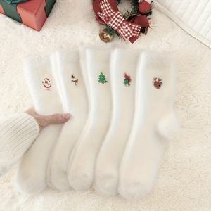 TEMU 5켤레 미디 레그 양말 - 크리스마스 자수 푹신한 겨울 기모 두꺼운 따뜻한 플로어 양말 귀엽고 달콤하고 편안한 가산 양말 미디 레그 양말