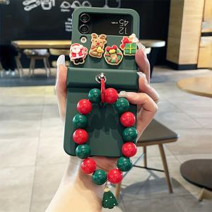 TEMU 크리스마스 귀여운 3D 만화 엘크 매트 라이트 베이지 감촉 접이식 폰 케이스 + 크리스마스 트리 비즈 체인 삼성 갤럭시 Z 플립7 FLlip 6 5 4 3 5G용 팔찌 카와이 그린 프로스티드 보호 백커버 완벽한 크리스마스 선물