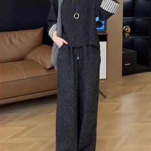 TEMU 여성 봄가을 단색 캐주얼 편안한 그레이 상하의세트 데일리 우아하고 긴팔 라운드넥 상의 하이웨스트 밴딩 팬츠 투피스 슬림소녀 SLIM GIRL