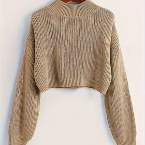 TEMU 단색 크루 넥 풀오버 스웨터, 캐주얼 롱 슬리브 드롭 숄더 크롭 스웨터, 여성 의류