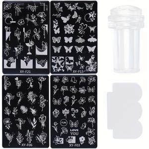 TEMU 4개입 네일 아트 스틸 플레이트 세트 (스탬프 포함) - 나비, 꽃, 잎 프렌치 스타일 네일 스탬핑 템플릿 - 봄/여름 네일 아트 키트 - 네일 디자인용 NDS251