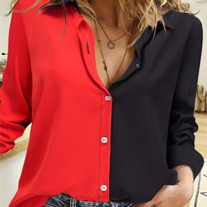 TEMU 컬러 블록 버튼 프론트 셔츠, 캐주얼 롱 슬리브 라펠 칼라 셔츠, 여성 의류