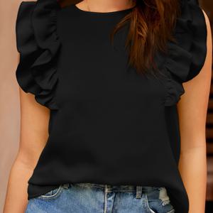 TEMU 우아한 옐로우 러플 트림 블라우스 - 크루 넥, 민소매, 여성용 비신축성 여름 탑, 세탁기 사용 가능, 밝은 단색, 흐르는 디자인, 캐주얼 또는 드레시 의상에 완벽함, 우아한 여름 블라우스