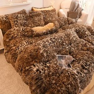TEMU 표범 무늬 플러시 이불 커버 세트 3개, 인조 모피 이불 커버 1개 및 베개 커버 2개 포함 필러 없음, 부드럽고 아늑한 침구, 동물 패턴 침실 장식