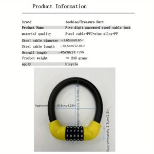 TEMU BAOBIAO 컴팩트 4자리 조합 스틸 케이블 잠금장치, 방범, 길이 18인치, 두께 0.5인치 - 튼튼한 PVC & 아연, 자전거에 적합, 검정색