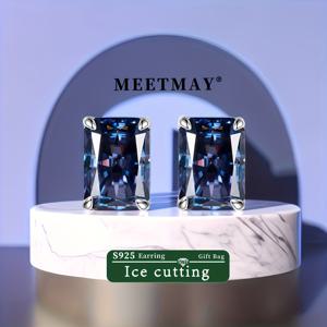 TEMU 7ct 다크 탄자나이트 블루, 8*10 십대 소녀를 위한 직사각형 아이스 컷 925 스털링 실버 스터드 귀걸이