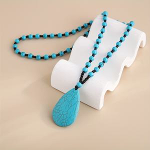 TEMU 터키석 물방울 펜던트 목걸이 - 수제 짧은 체인과 검은 비즈 & 균열된 돌 디자인, 인도 스타일 여성용 주얼리, 일상 및 파티 착용, 7월 4일 선물, 보호-시크 멀티 레이어 비즈 목걸이