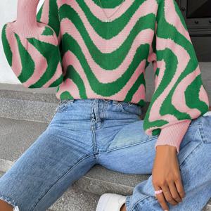 TEMU 여성용 스웨터 - 핑크 & 그린 수평 줄무늬, 비대칭 넥라인 긴팔 풀오버, 봄/가을 전환기 날씨용, 일상 및 정장용 - 귀여운 스웨터, 캐주얼 웨어, 오프숄더 스타일, 고품질 스티칭, 트렌디한 여성용, 가을 옷장 필수품, 내구성 있는 소재, 탑, 사무실 의상